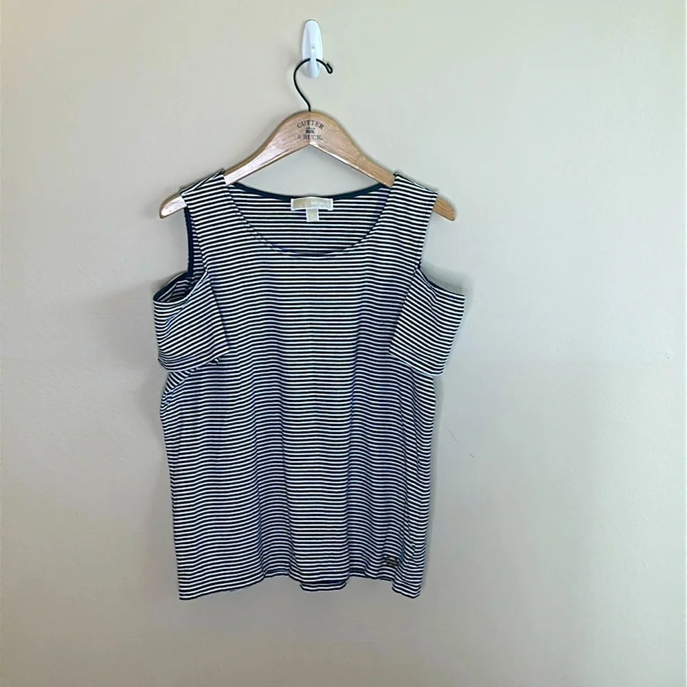 Michael Kors Cold Shoulder Short Sleeved Top Size XL Black White Striped - Picture 2 of 9
